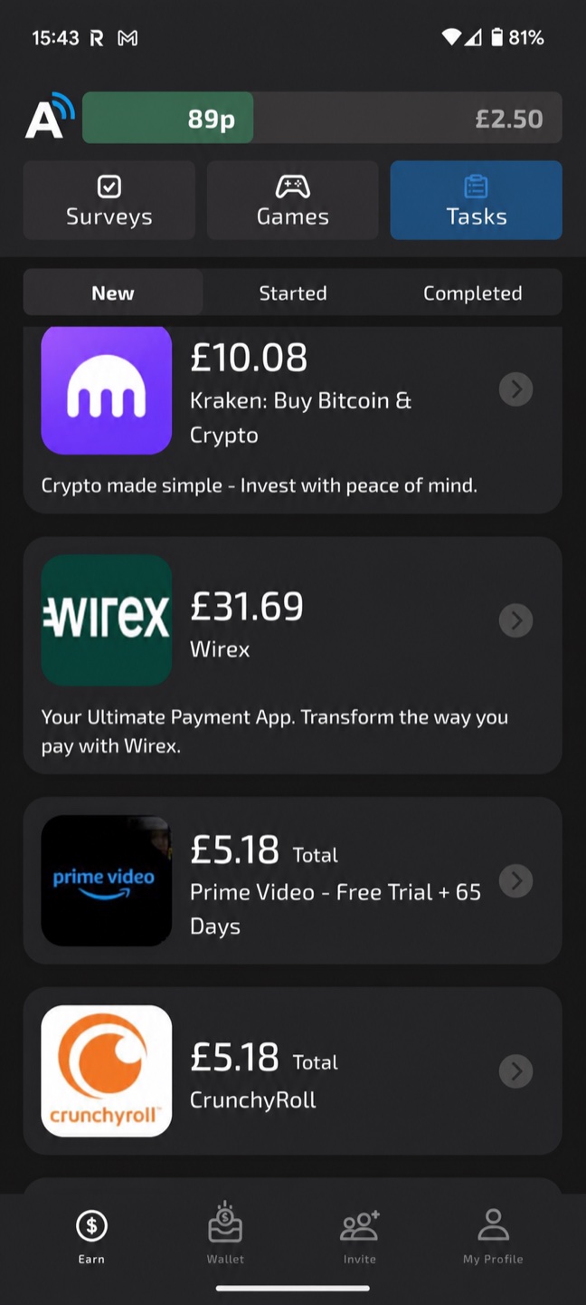 Real publisher in-app task feed